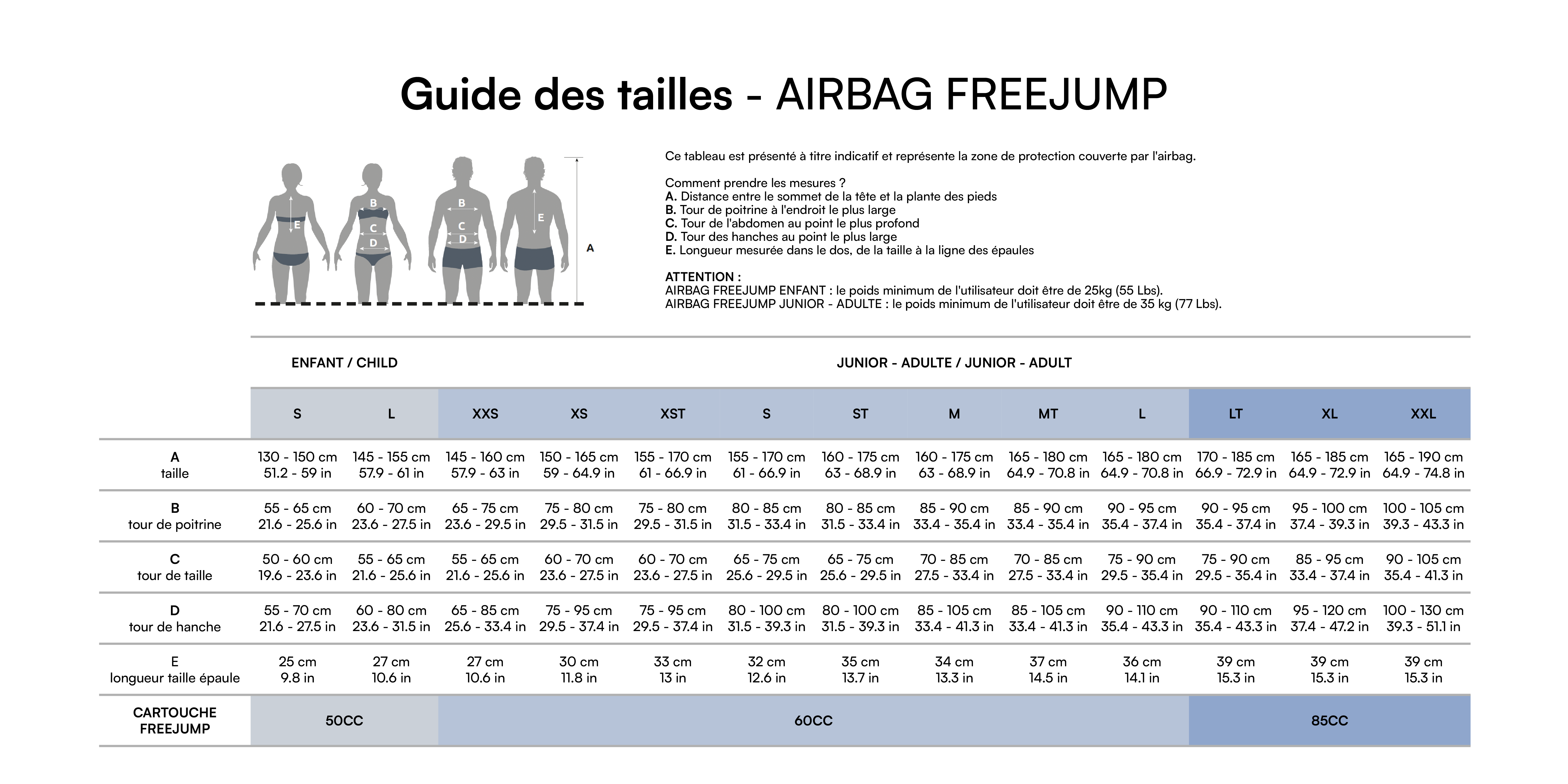 Guide des tailles - AIRBAG FREEJUMP