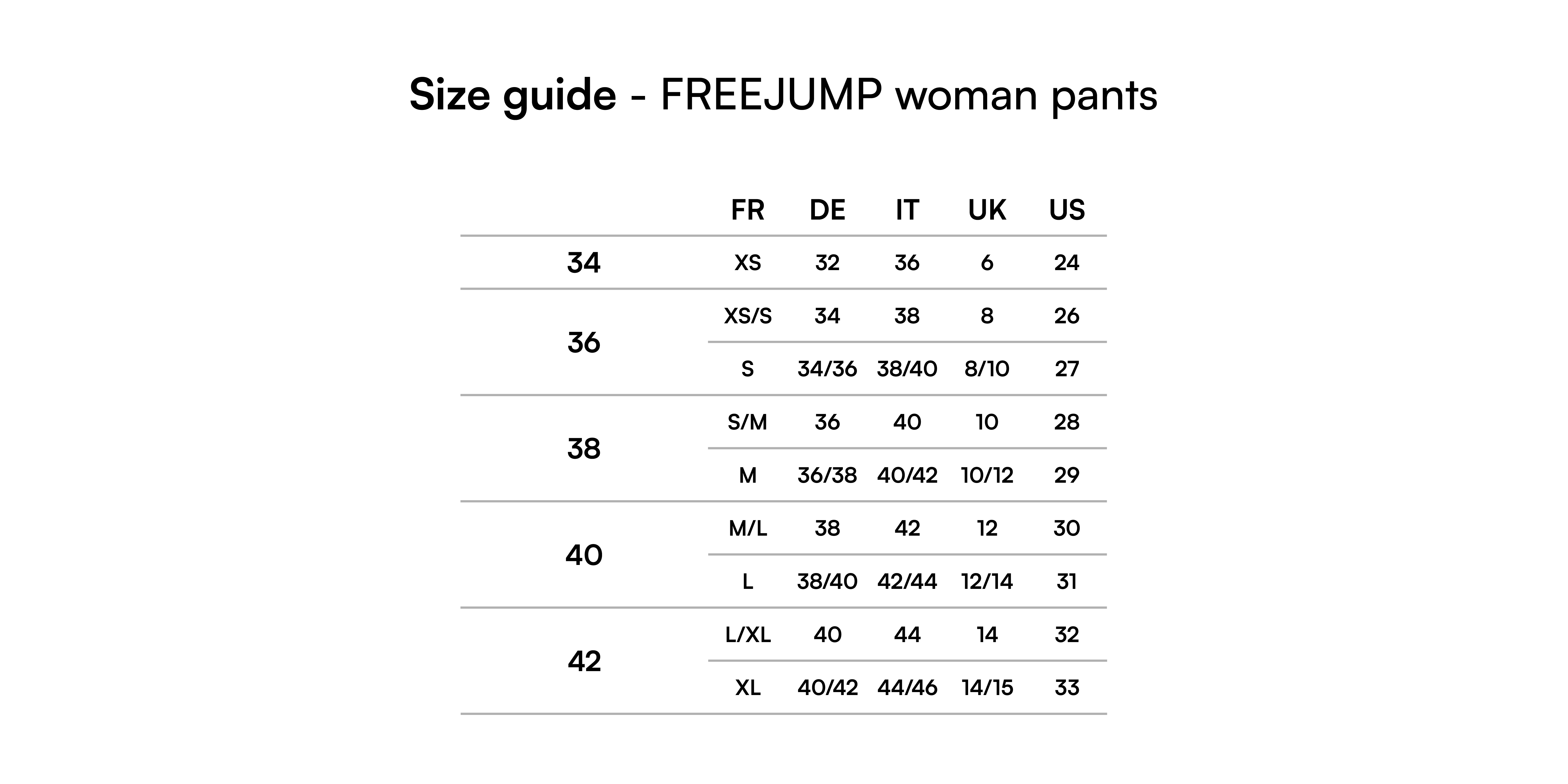 Size guide - Woman pants